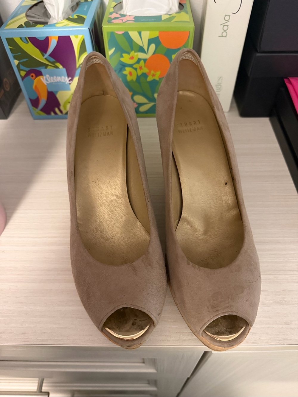 Stuart Weitzman Taupe Suede Peep-Toe Pumps with Gold Accent